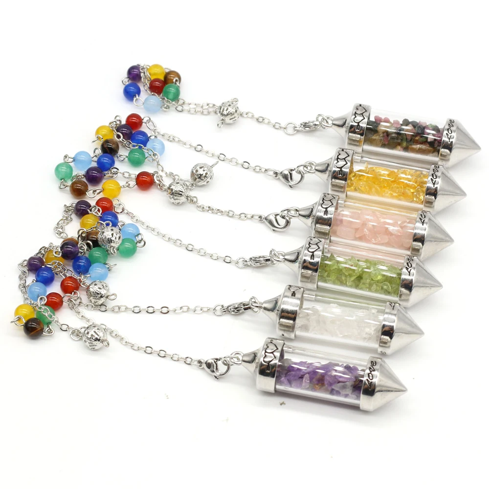

7 Chakra Stone Chain Wishing Bottle Spirit Pendulum Natural Chip Stone Crystal Filled Glass Pyramid Energy Pendant Reiki Jewelry