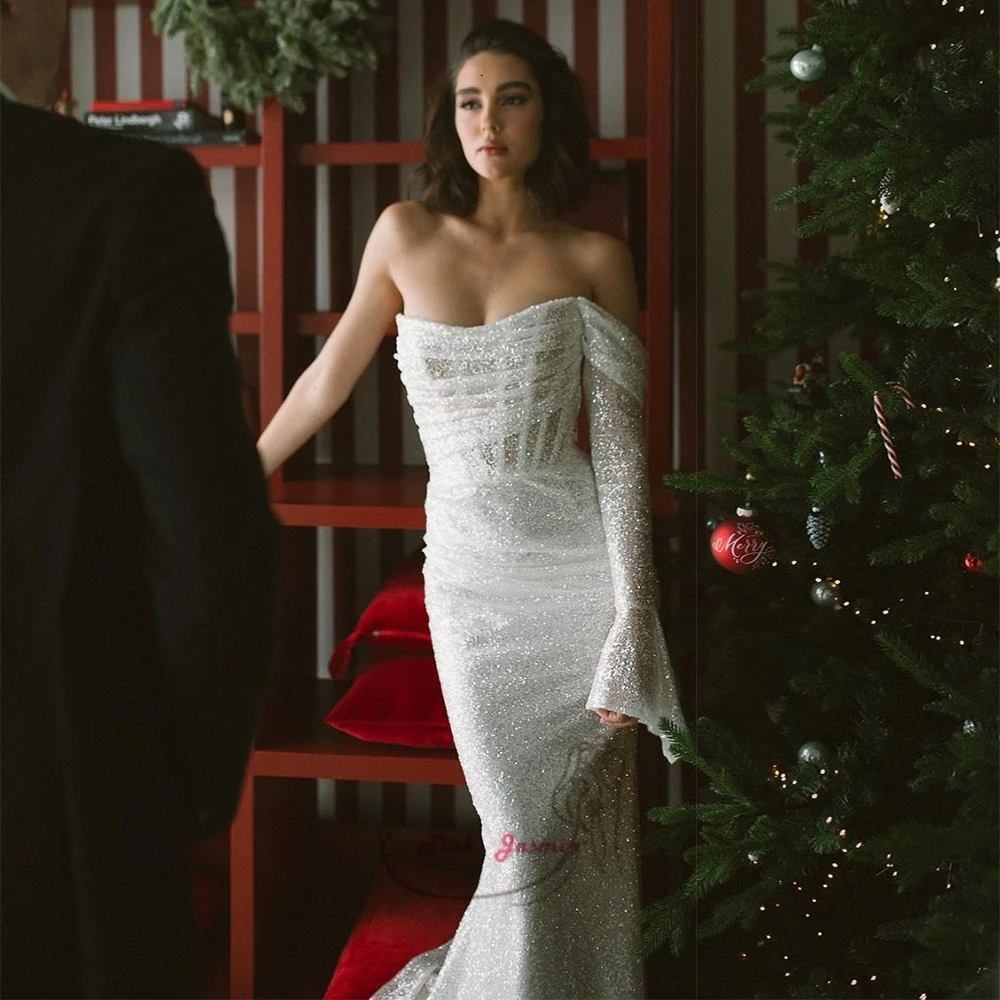 Simple Off Shoulder Strapless Wedding Dresses One Shoulder Mermaid Bridal Gowns Shinny Robe De Mariée New Zipper Back فستان
Simple Off Shoulder Strapless Wedding Dresses One Shoulder Mermaid Bridal Gowns Shinny Robe De Mariée New Zipper Back فستان