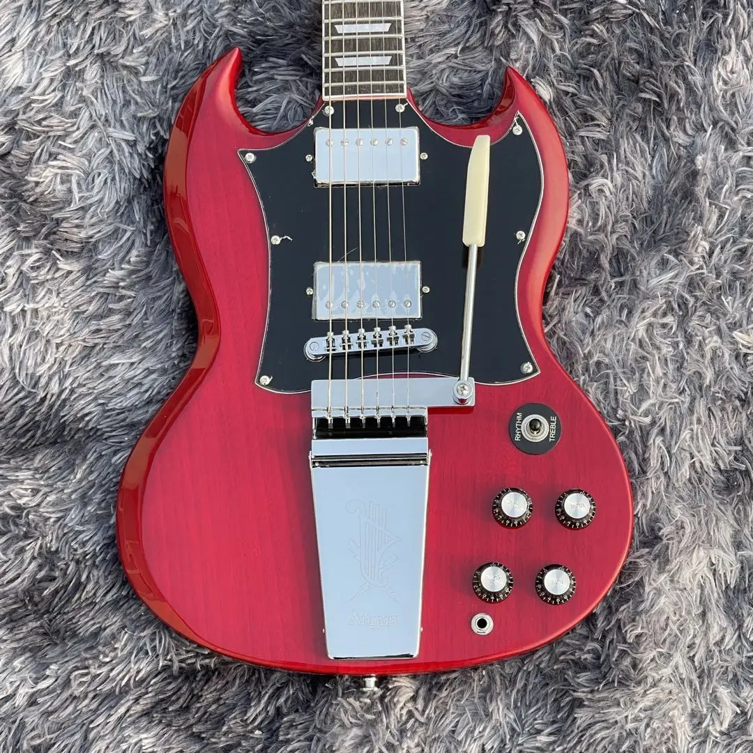 

Angus Young Wine Cherry Red SG Electric Guitar Engraved Lyre Long Vibrola Maestro tremolo, Pearl trapezoid inlay, Tuilp Tuners
