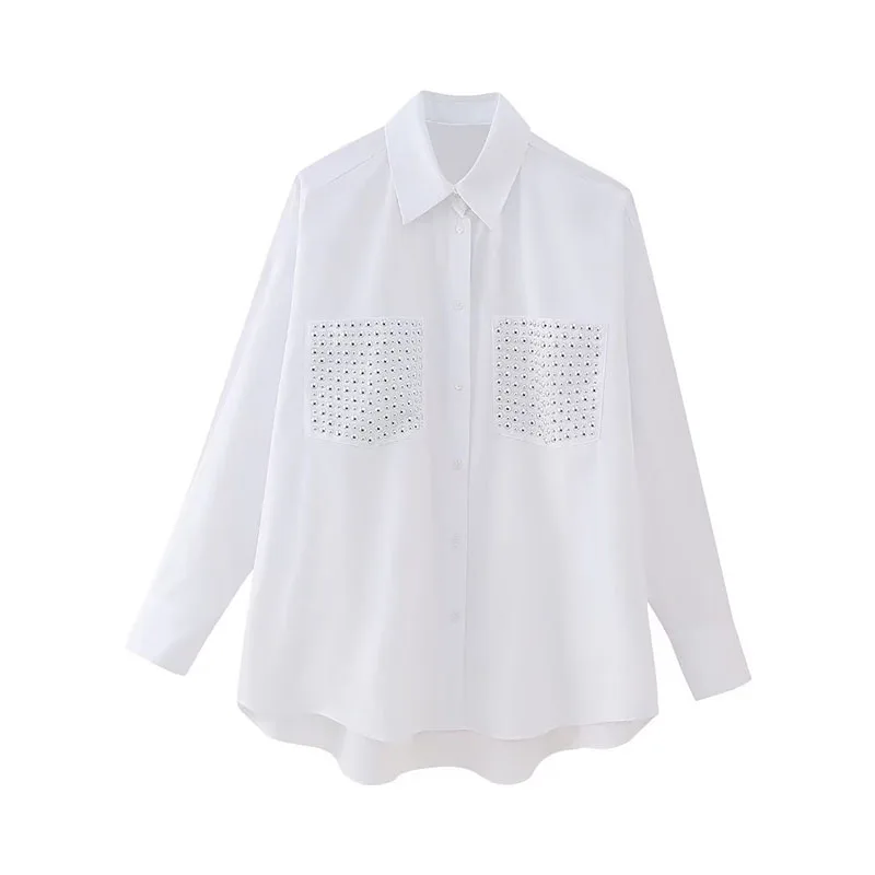 

Women 2023 Autumn Fashion Rivet Decoration White Blouse Vintage Long Sleeve Asymmetrical Female Shirts Blusas Chic Tops