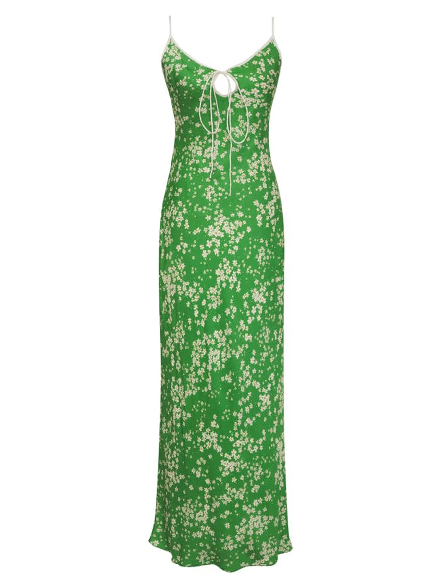 

Vestido largo de tirantes delgados para mujer con estampado floral para verano día festivo casa de campo verde (L-Green)