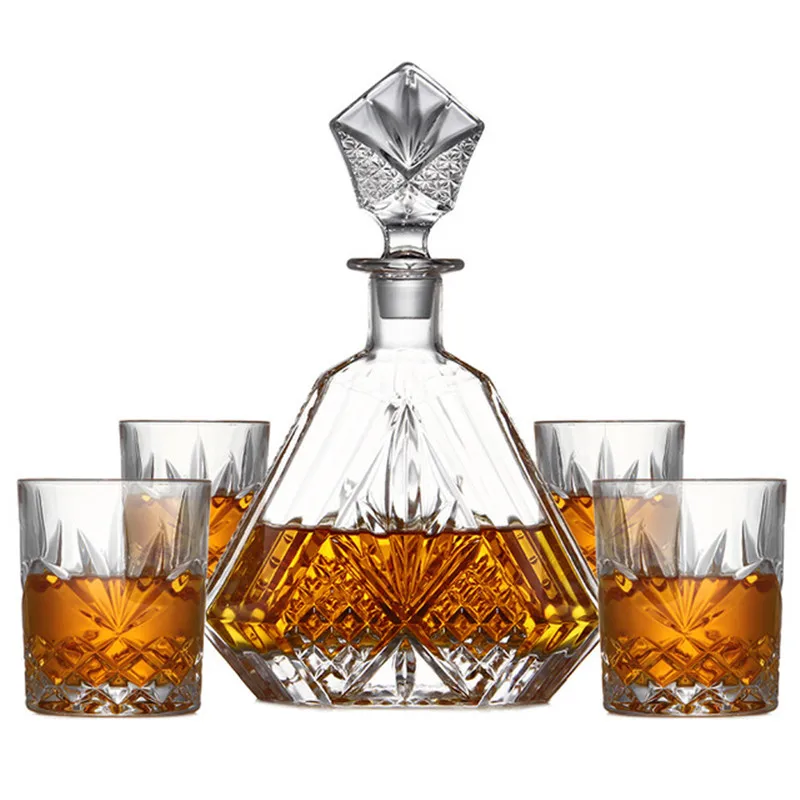 5 Pcs Crafted Glass Decanter Whisky Glass Set with Ornate Stopper 4 Exquisite Vodka Cocktail Glass Cup Bottle for Bar Home Party
5 Pcs Crafted Glass Decanter Whisky Glass Set with Ornate Stopper 4 Exquisite Vodka Cocktail Glass Cup Bottle for Bar Home Party
