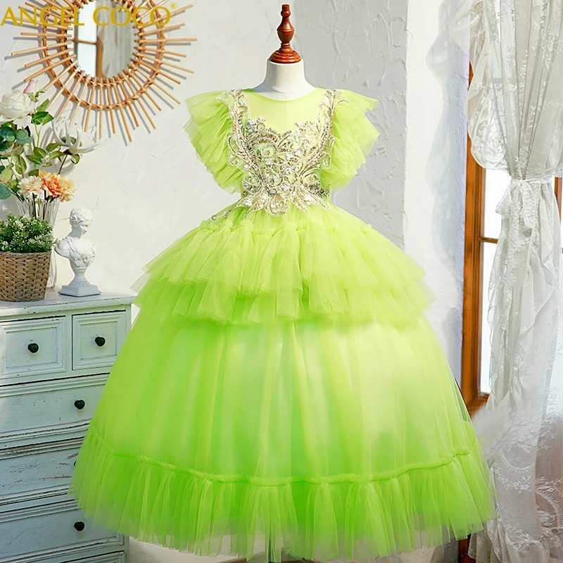 

New Pretty Flower Girls Dresses Ruched Tiered Green Puffy Girl Dresses for Wedding Party Gowns Plus Size Pageant Dresses Robes