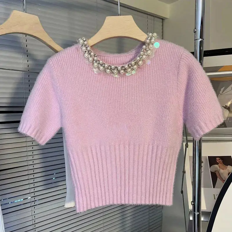 Женский свитер с короткими рукавами и поясом, небольшой розовый вязаный свитер в Корейском стиле для ранней весны, 2022
Женский свитер с короткими рукавами и поясом, небольшой розовый вязаный свитер в Корейском стиле для ранней весны, 2022