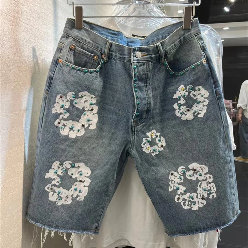 Blue Washed Inlay Gem Denim Jeans Shorts Men Women Kapok Kanye Oversized Shorts 
Blue Washed Inlay Gem Denim Jeans Shorts Men Women Kapok Kanye Oversized Shorts