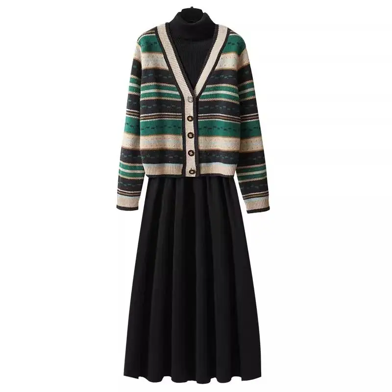 Women's Retro Style Contrast Striped Cardigan Sweater Coat 2023 Autumn/Winter New High Neck Knitted Dress Two Piece Set
Women's Retro Style Contrast Striped Cardigan Sweater Coat 2023 Autumn/Winter New High Neck Knitted Dress Two Piece Set