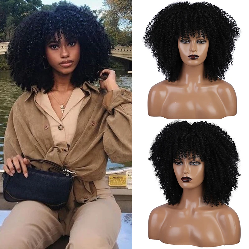 

Short Afro Curly Wig with Bangs Synthetic Kinky Curly Hair Wig with Bang Fluffy Natural Wigs for Black Women Black Blonde Red
