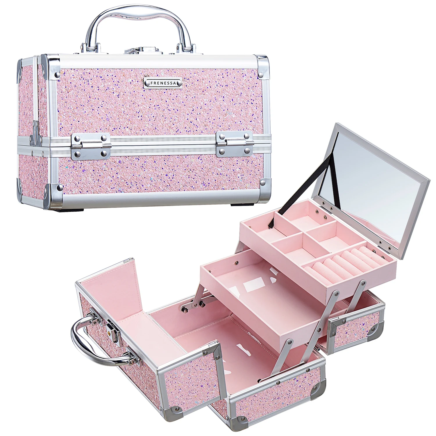 Aluminum Makeup Train Case Jewelry Storage Box Travel Cosmetic Bag Lockable Vanity Organizer with Extendable Trays and Mirror
Aluminum Makeup Train Case Jewelry Storage Box Travel Cosmetic Bag Lockable Vanity Organizer with Extendable Trays and Mirror