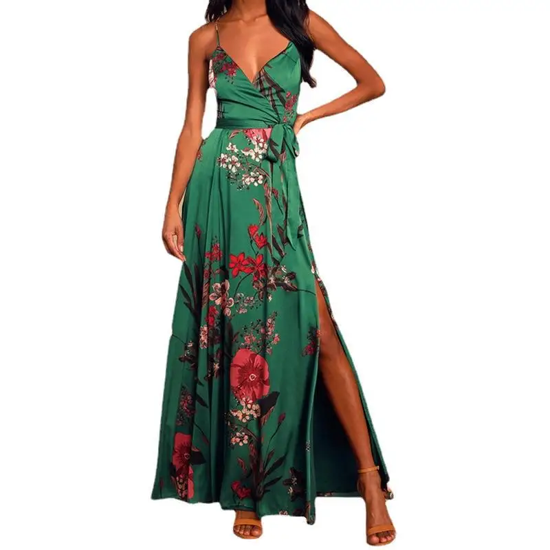 

Спагетти ремень платье для женщин с высокой талией Разделение V образным вырезом наряды 2022 модные Цветочный принт в винтажном стиле; Элеган...