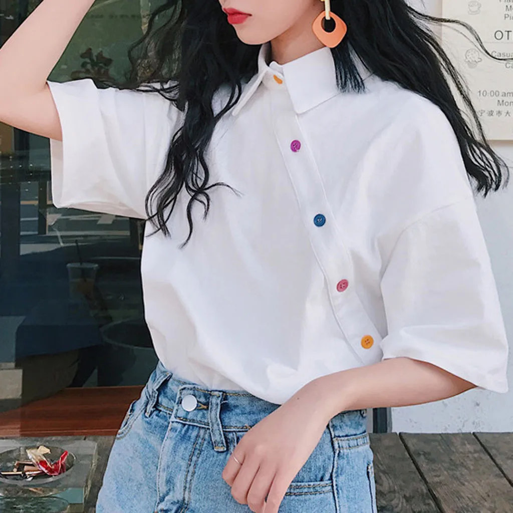 Color Sleeve Simple V-neck Retro Women's Loose Button Shirt Short Women's Blouse 
Color Sleeve Simple V-neck Retro Women's Loose Button Shirt Short Women's Blouse