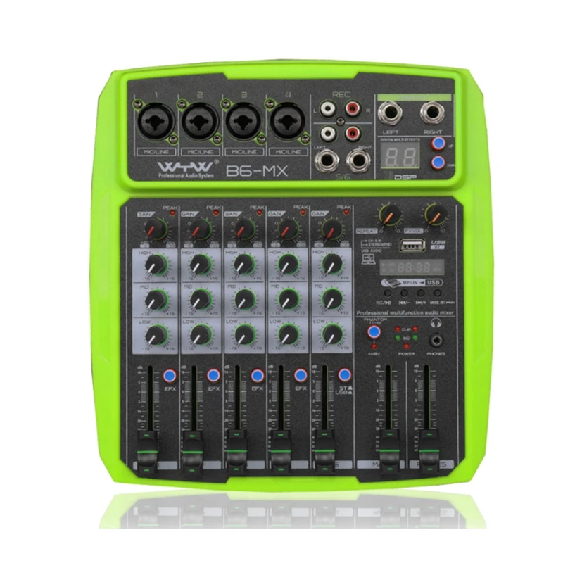 WYW B6-MX Portable 6-Channel Sound Card Mixing Console Audio Mixer Built-In 16 DSP 48V Phantom Power Supports BT Connection
WYW B6-MX Portable 6-Channel Sound Card Mixing Console Audio Mixer Built-In 16 DSP 48V Phantom Power Supports BT Connection