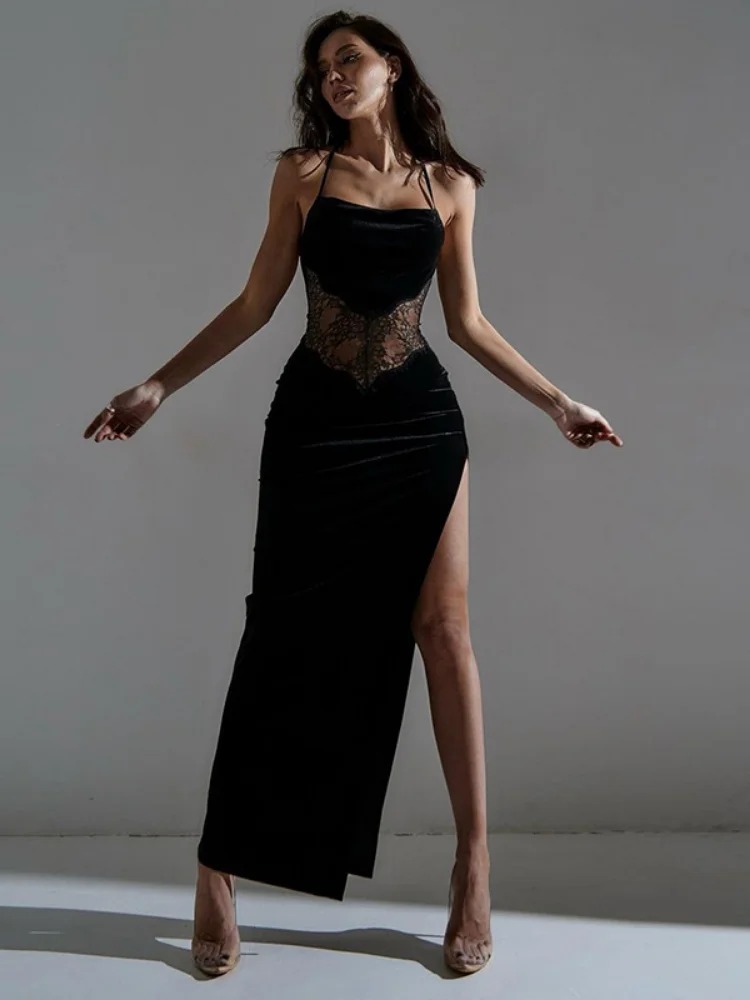Women Lace Patchwork Velvet Dress Sexy Backless High Slit Party Dress 2022 Autumn New Fashion Elegant Spaghetti Strap Dresses
Women Lace Patchwork Velvet Dress Sexy Backless High Slit Party Dress 2022 Autumn New Fashion Elegant Spaghetti Strap Dresses
