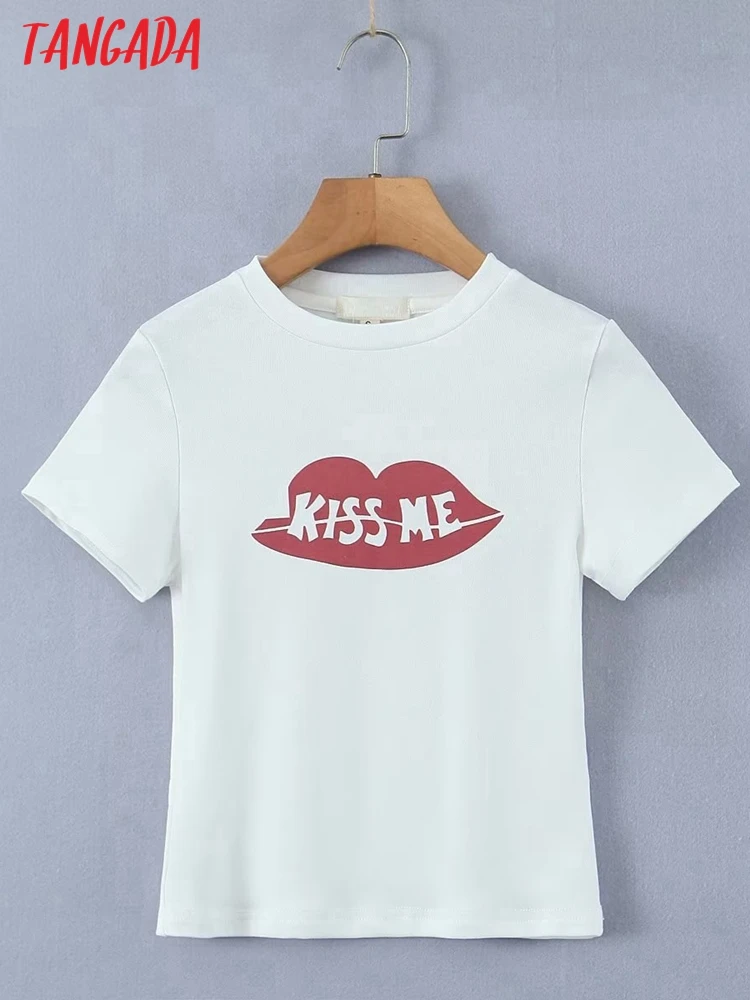 Кроп-футболка Tangada женская с буквенным принтом, облегающая хлопковая рубашка с коротким рукавом и круглым вырезом, 4D29 
Кроп-футболка Tangada женская с буквенным принтом, облегающая хлопковая рубашка с коротким рукавом и круглым вырезом, 4D29