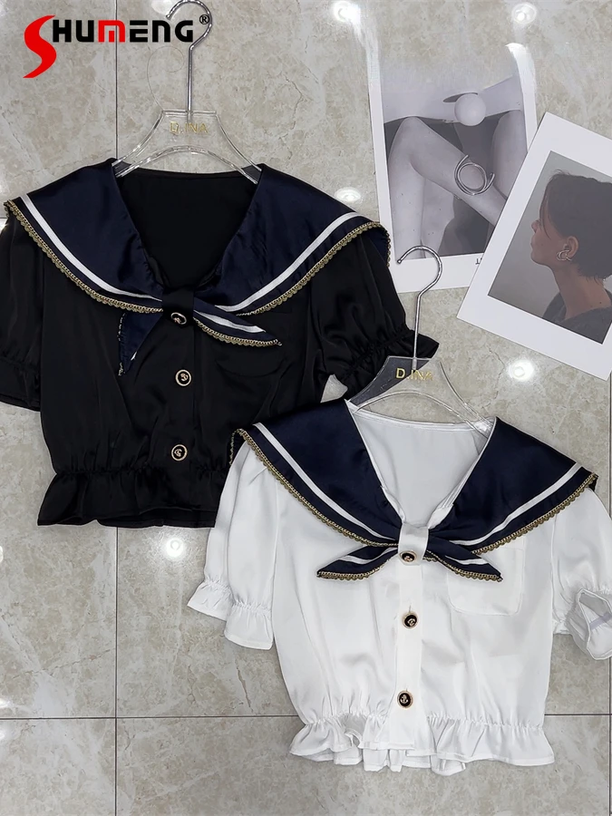 Navy Style Contrast Color Shirt Women's All-Match Preppy Style Blouse Tight Waist V-neck Short Sleeve Slim Fit Versatile Top
Navy Style Contrast Color Shirt Women's All-Match Preppy Style Blouse Tight Waist V-neck Short Sleeve Slim Fit Versatile Top