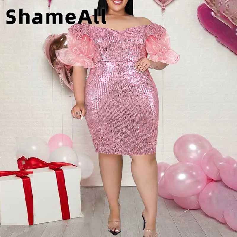 Plus Size Pink Glitter Sequin Midi Dress 4XL Off Shoulder Short Lantern Sleeve Evening Birthday Party Outfits Sexy Bodycon Gowns
Plus Size Pink Glitter Sequin Midi Dress 4XL Off Shoulder Short Lantern Sleeve Evening Birthday Party Outfits Sexy Bodycon Gowns