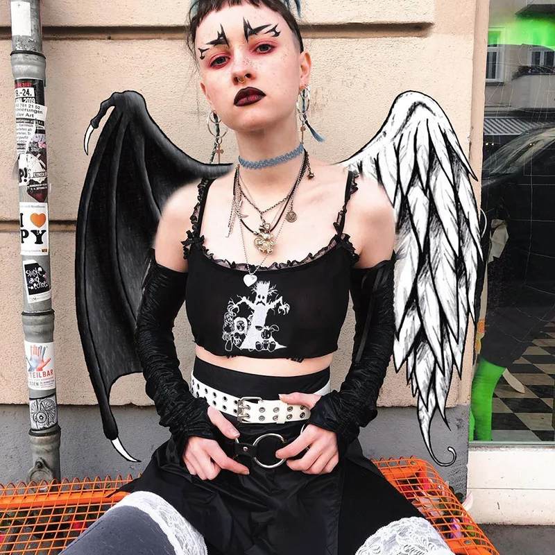 Gothic Mesh Trim Harajuku Women Summer Cropped Tops Darkness Print Black Camis Grunge Punk Knitted Bodycon Camis Sexy
Gothic Mesh Trim Harajuku Women Summer Cropped Tops Darkness Print Black Camis Grunge Punk Knitted Bodycon Camis Sexy