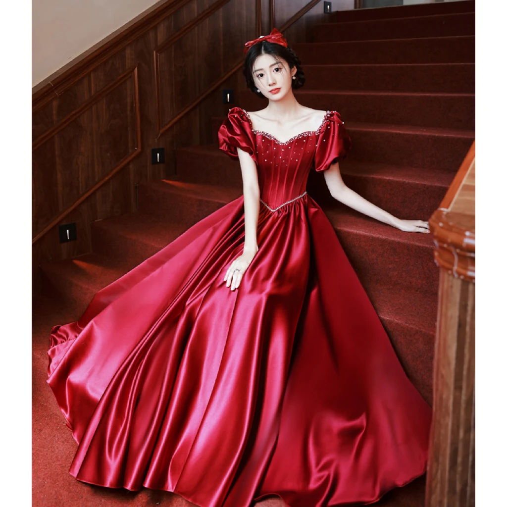 Wine Red Satin Bridesmaid Dresses Pearl Beading U-Neck Women Puff Sleeve Lace Up Long Banquet Bride Toasting Evening Prom Gowns
Wine Red Satin Bridesmaid Dresses Pearl Beading U-Neck Women Puff Sleeve Lace Up Long Banquet Bride Toasting Evening Prom Gowns