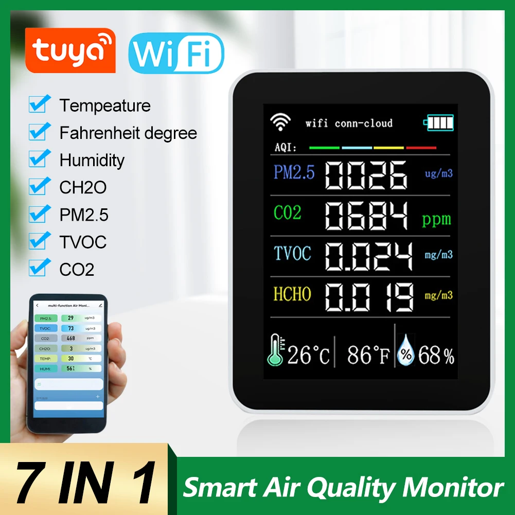 7 In 1 Air Quality Detector PM2.5 TVOC HCHO AQI CO2 Meter Digital Temperature Humidity Tester Household LCD Display Air Tester
7 In 1 Air Quality Detector PM2.5 TVOC HCHO AQI CO2 Meter Digital Temperature Humidity Tester Household LCD Display Air Tester