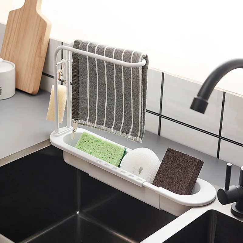 

Kitchen with Towel Bar Retractable Sink Rack Double-layer Retractable Freely Adjustable Sponge Wipe Arrangement Rack Towel