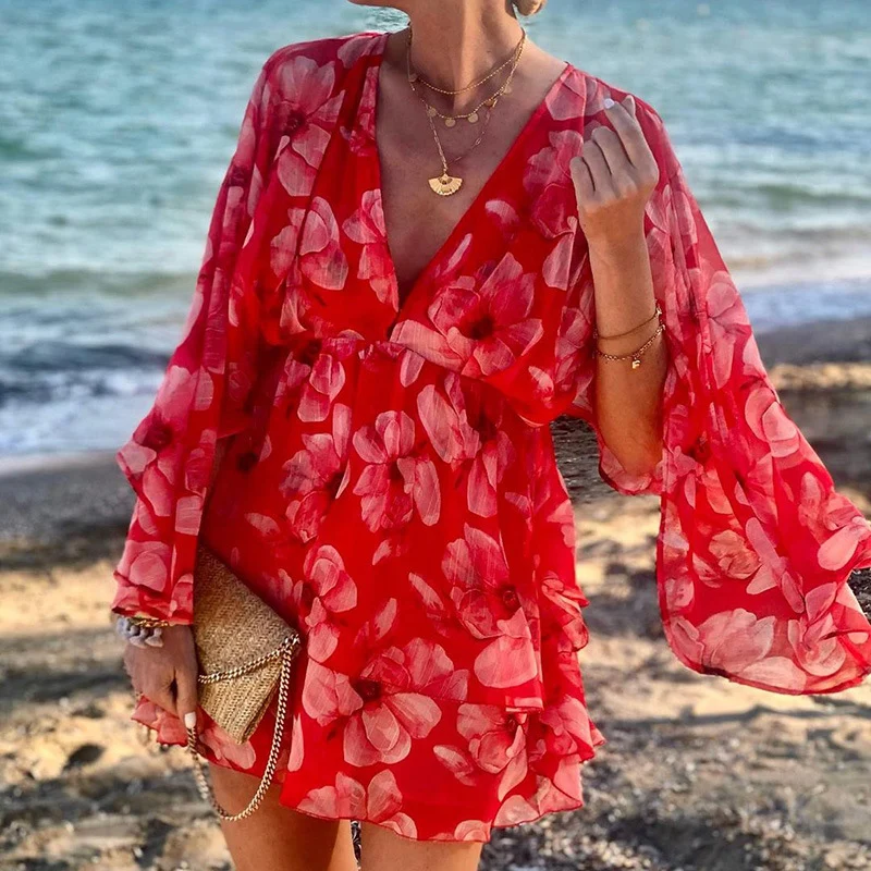 Women's floral Print chiffon Mini Dress Elegant deep V-neck Batwing sleeve frilled party dress summer high-waisted beach dress
Women's floral Print chiffon Mini Dress Elegant deep V-neck Batwing sleeve frilled party dress summer high-waisted beach dress
