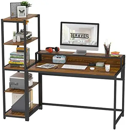 

Desk with 5 Tier Shelves,Reversible Writing Desk with Storage 49 Inch Study Table for Home Office Independent Bookcase and Desk