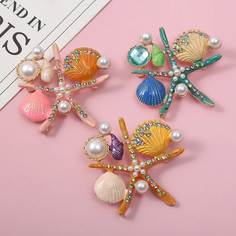 

Sheishow Fashion Drop Glaze Starfish Shell Marine Serie Brooch for Women Metal Inlaid Rhinestone Pearl Design Trendy Jewelry New