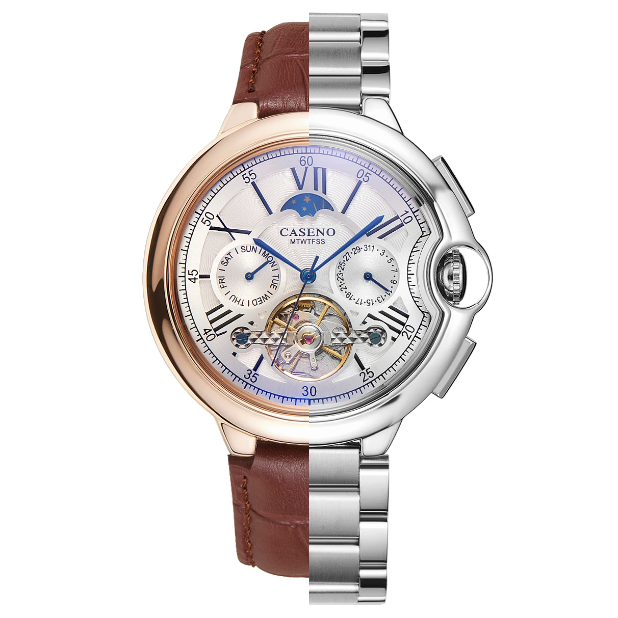 CASENO Tourbillon Automatic Mechanical Men Watch Wristwatch Stainless Steel Leather Strap Moon Phase Week Display Calendar
CASENO Tourbillon Automatic Mechanical Men Watch Wristwatch Stainless Steel Leather Strap Moon Phase Week Display Calendar