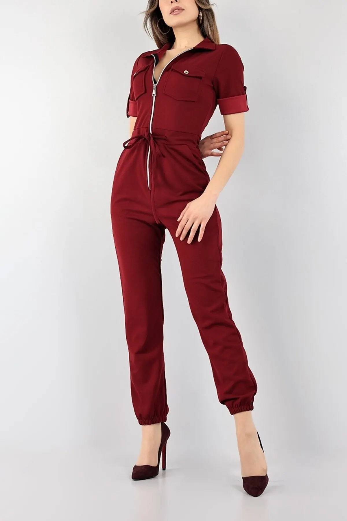 

Women's Overalls Claret Red Zippered Crepe Jumpsuit Q Hot Style Quality Fabric Sleeveless Baggy Trousers Casual Jumpsuit