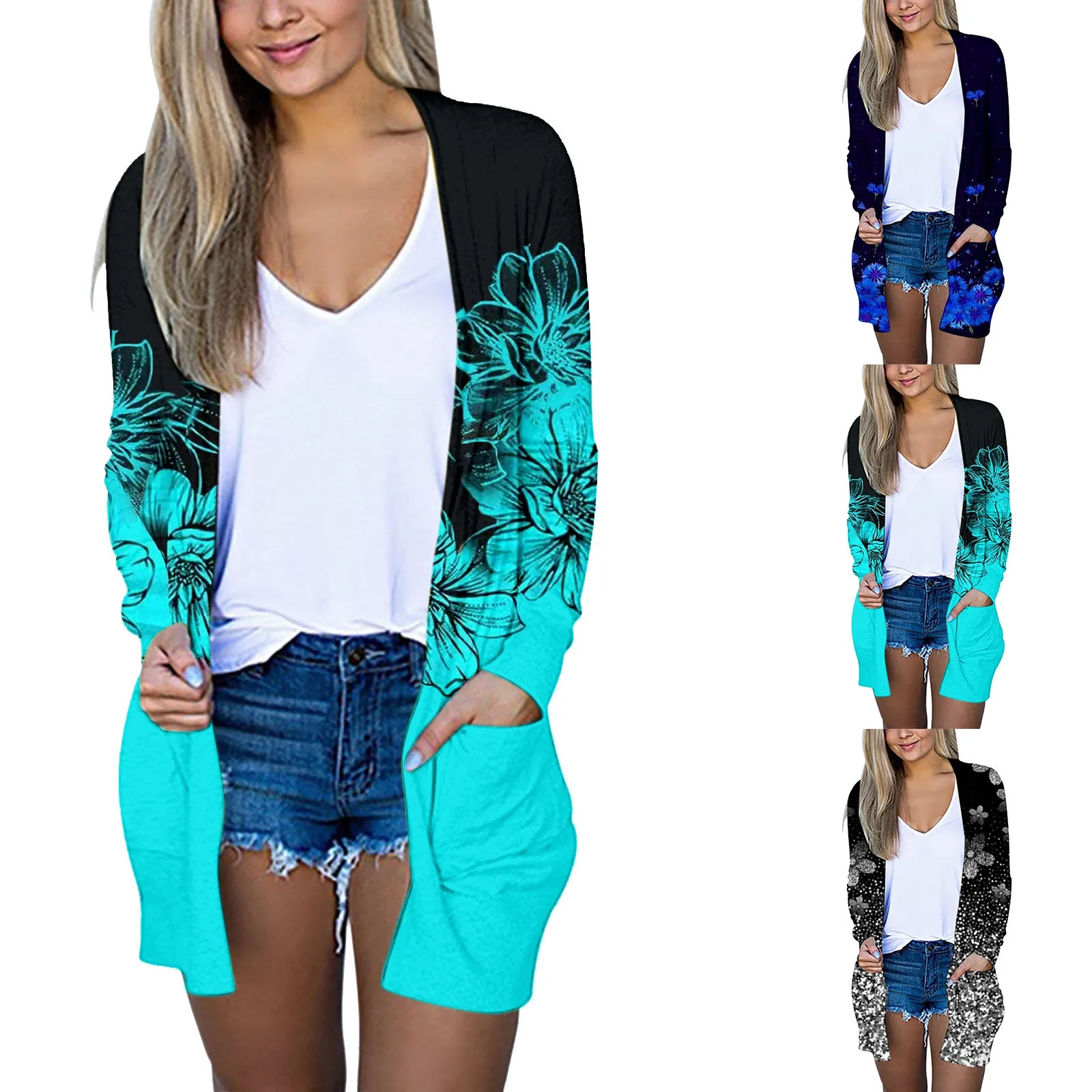 Women's Long Sleeved Buttonless Floral Print Medium Length Thin Cardigan 
Women's Long Sleeved Buttonless Floral Print Medium Length Thin Cardigan