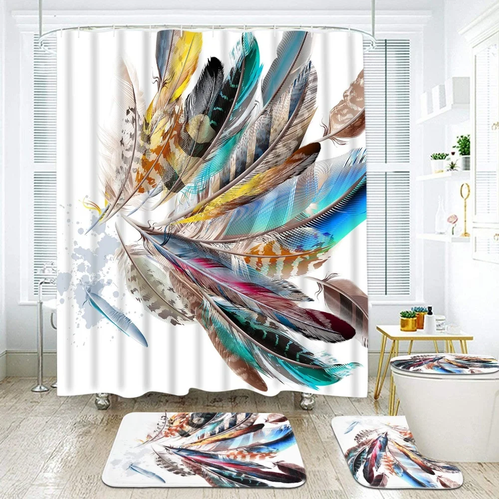 

Colorful Peacock Feathers Shower Curtain Sets Animal Wolf Dreamcatcher Bathroom Curtains Non-Slip Bath Mats Rug Toilet Lid Cover