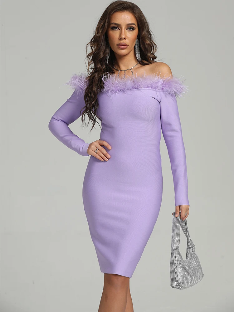 

Элегантные женские платья с искусственными перьями для вечерние, облегающий элегантный сексуальный сиреневый фиолетовый Вечерний клубный...