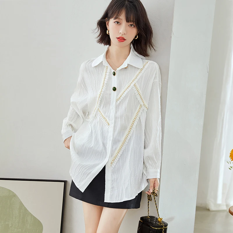 Fashion Beading Spliced French Style Long Sleeve White Shirt Women Tops 2022 Autumn New Elegant Korean Style Loose Blouse B1987
Fashion Beading Spliced French Style Long Sleeve White Shirt Women Tops 2022 Autumn New Elegant Korean Style Loose Blouse B1987