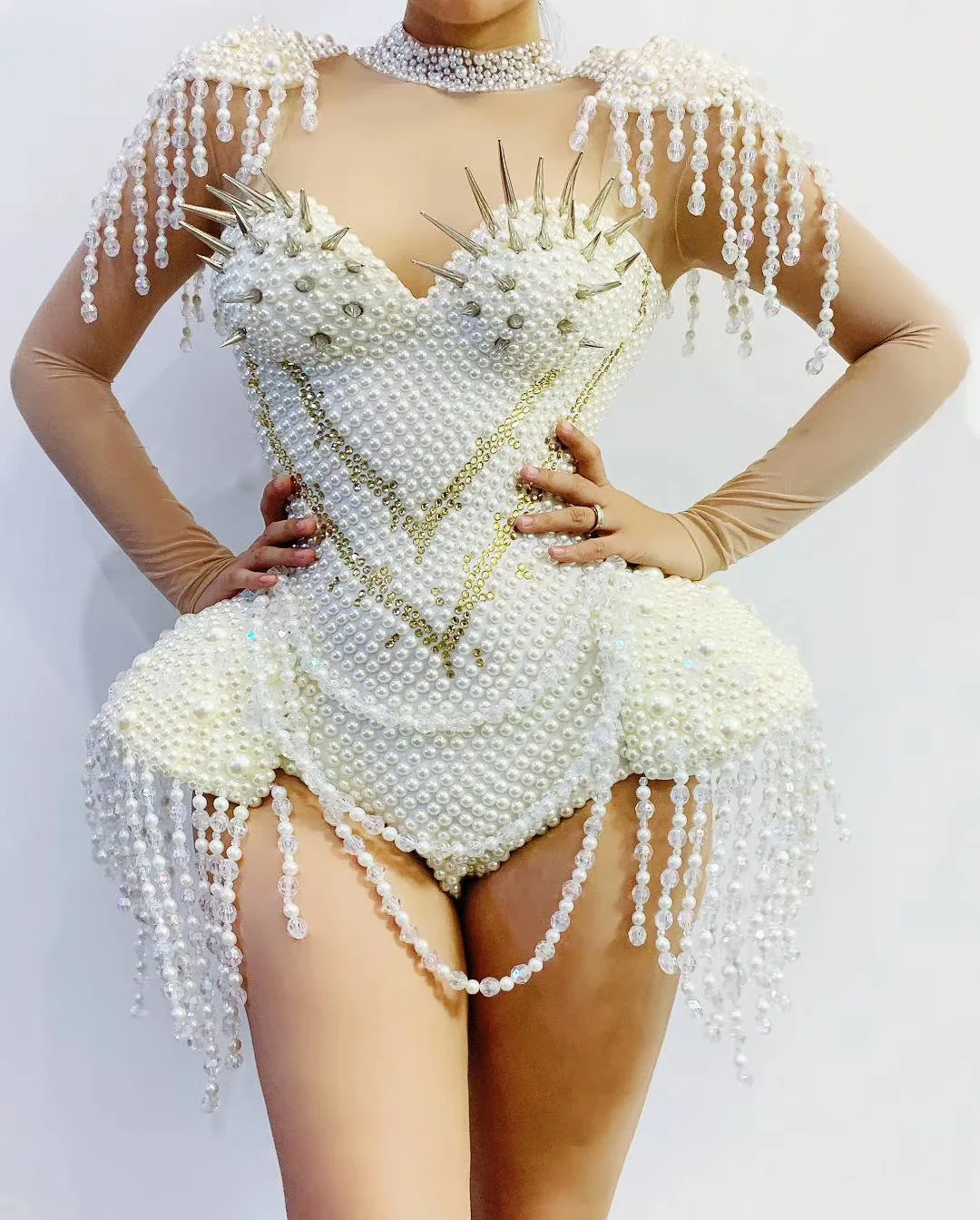 Mesh Gauze Embellished Beaded Costume Stage Wear Lady Women Party Performance Bodysuits White Pearl Rhinestones Rivet Bodysuit 
Mesh Gauze Embellished Beaded Costume Stage Wear Lady Women Party Performance Bodysuits White Pearl Rhinestones Rivet Bodysuit