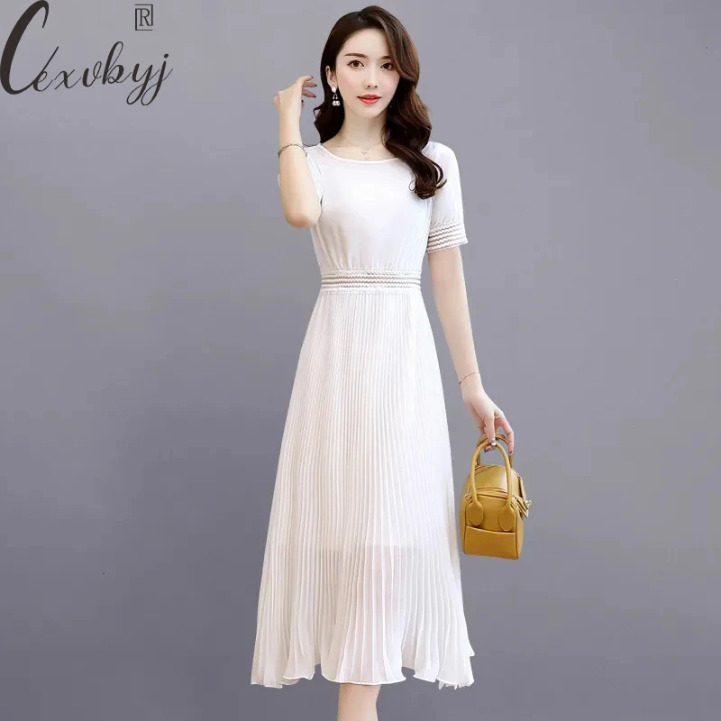 Pleated Dress Women Elegant O-Neck Korean Fashion Short Sleeve Summer Dress High Quality Office Work Wear Basic White Dress
Pleated Dress Women Elegant O-Neck Korean Fashion Short Sleeve Summer Dress High Quality Office Work Wear Basic White Dress