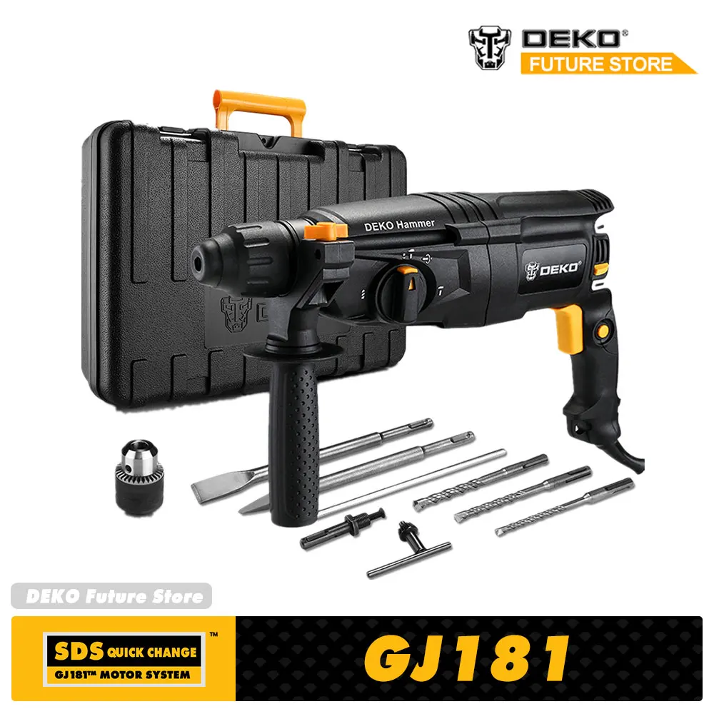 ROTARY HAMMER IMPACT DRILL ELECTRIC HAMMER WITH BMC BOX AND 9PCS ACCESSORIES & 4 SINGLE HAND AJUSTMENT POWER TOOLS DEKO GJ181
ROTARY HAMMER IMPACT DRILL ELECTRIC HAMMER WITH BMC BOX AND 9PCS ACCESSORIES & 4 SINGLE HAND AJUSTMENT POWER TOOLS DEKO GJ181