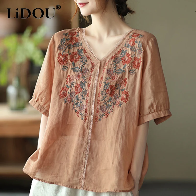 Summer Autumn New Embroidery Loose Cotton Linen Shirt Women Short Sleeve Flower Aesthetic Lady Top Vintage Casual Female Clothes
Summer Autumn New Embroidery Loose Cotton Linen Shirt Women Short Sleeve Flower Aesthetic Lady Top Vintage Casual Female Clothes