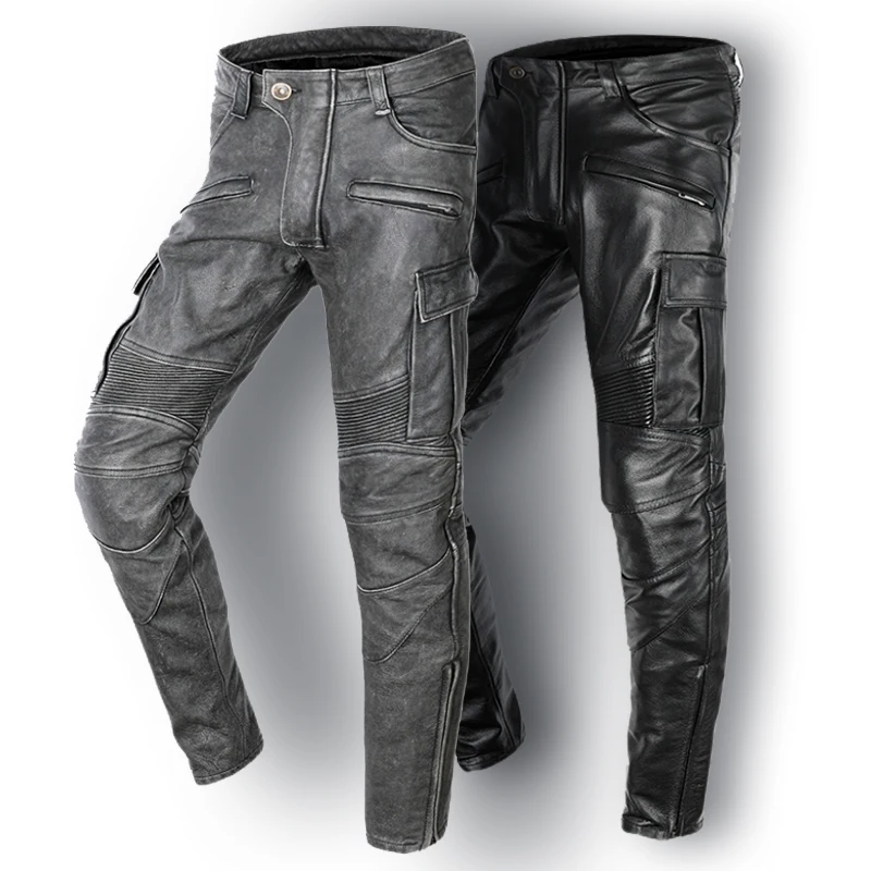 

Ветрозащитные Ретро мотоциклетные кожаные брюки для верховой езды, винтажные серые черные кожаные брюки, мужские толстые байкерские брюки ...