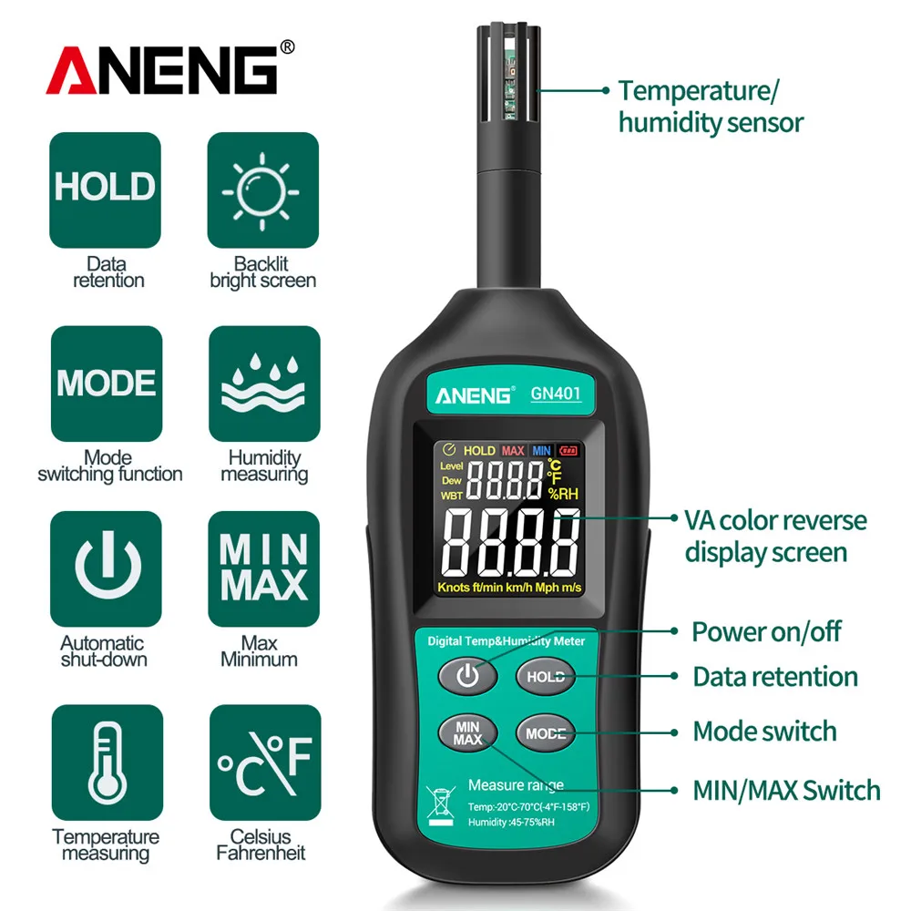 ANENG GN401 Temperature Humidity Meter Handheld No Contact Precision Digital Air Thermometer Hygrometer Gauge Tester
ANENG GN401 Temperature Humidity Meter Handheld No Contact Precision Digital Air Thermometer Hygrometer Gauge Tester
