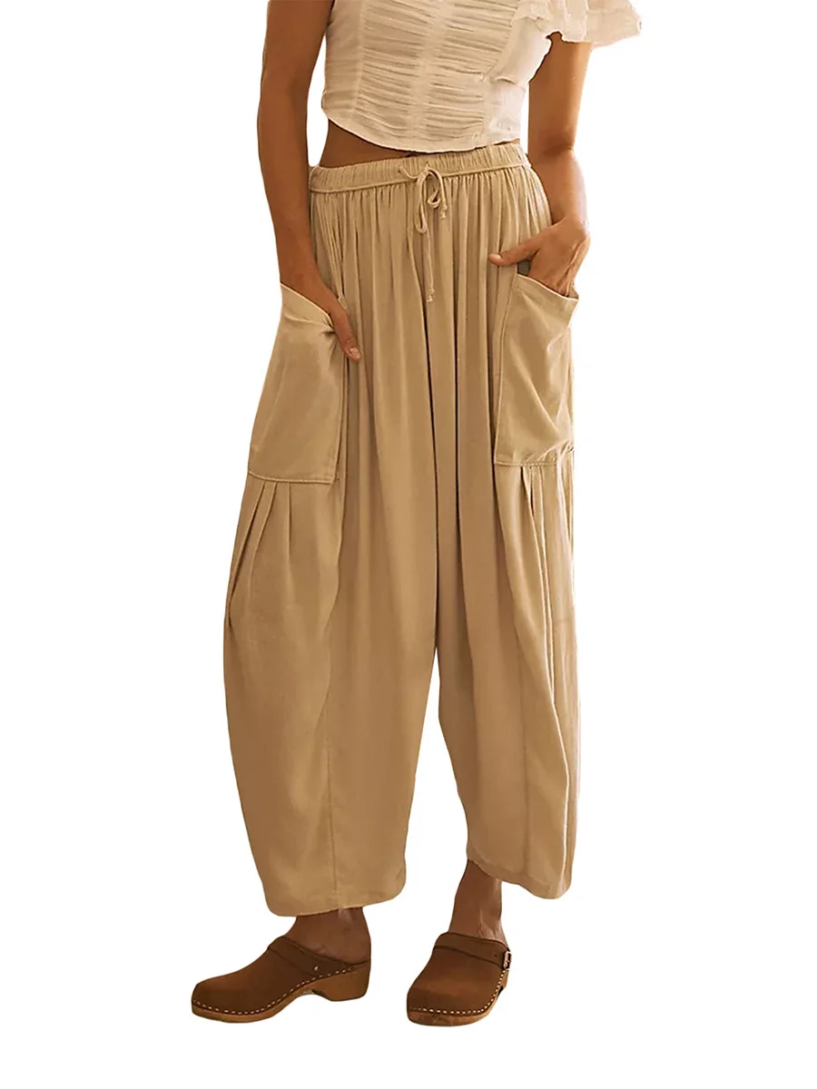 

Women s High Waist Palazzo Baggy Pants Drawstring Capri Pants with Pockets Wide Leg Lounge Cropped Pants