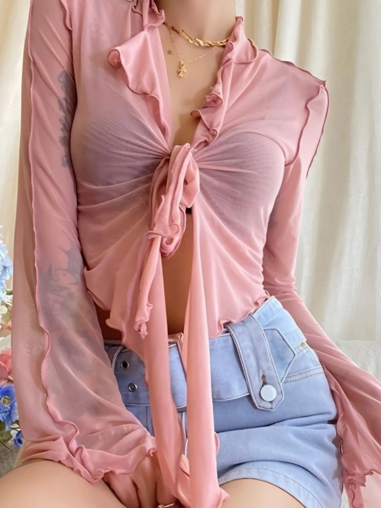 Deeptown Y2K Sexy Slim Cropped Tops Women Vintage Aesthetic See Through Flare Sleeve T Shirts Elegant Casual Chic Sunscreen Tees
Deeptown Y2K Sexy Slim Cropped Tops Women Vintage Aesthetic See Through Flare Sleeve T Shirts Elegant Casual Chic Sunscreen Tees