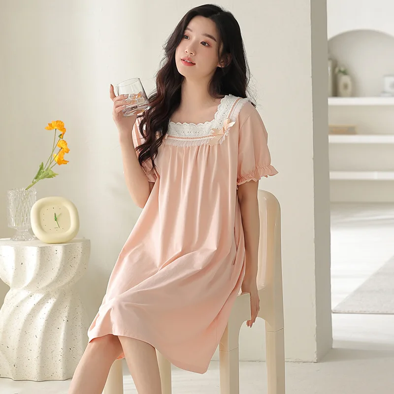 Summer Fairy Pure Cotton Night Dress Women Sweet Loose Square Collar Short Sleeve Nightdress Princess Solid Color Nightgown
Summer Fairy Pure Cotton Night Dress Women Sweet Loose Square Collar Short Sleeve Nightdress Princess Solid Color Nightgown