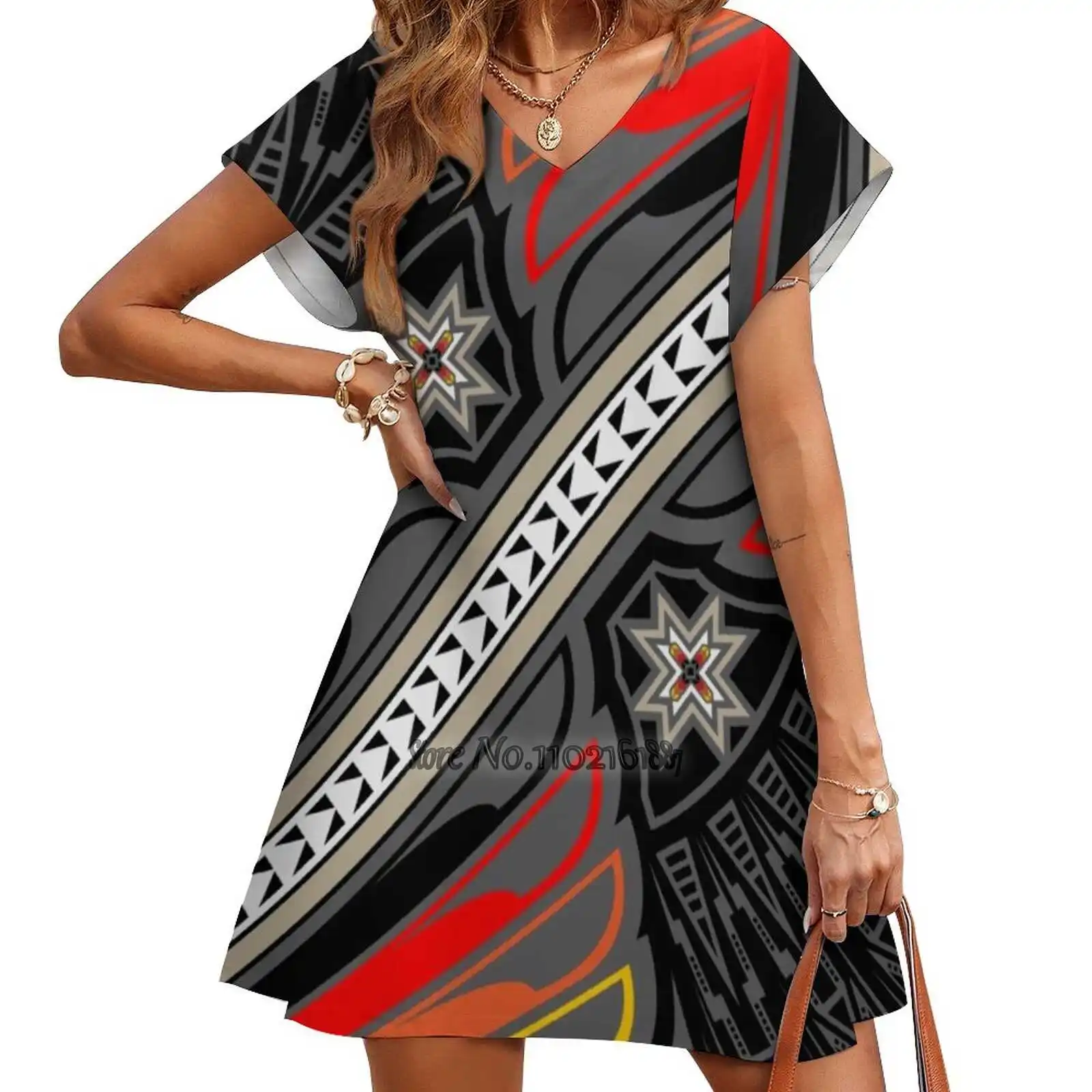 

War Eagle ( Bryw ) Design Print Dress Short Sleeve V-Neck Fashion Skirt Thin Short Sleeve Skirts Melvinwareagle Nativeartist