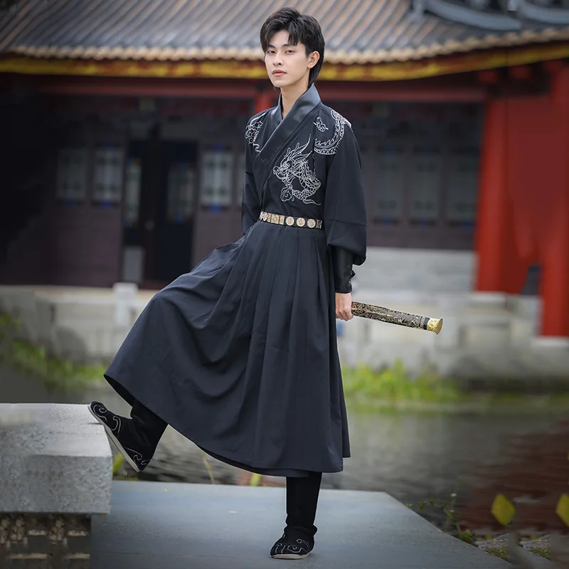 Ancient Chinese Costume Mens Top Skirt Belt Set Samurai Costume Robe Martial Arts Dragon Embroidered Flying Fish Black Hanfu
Ancient Chinese Costume Mens Top Skirt Belt Set Samurai Costume Robe Martial Arts Dragon Embroidered Flying Fish Black Hanfu