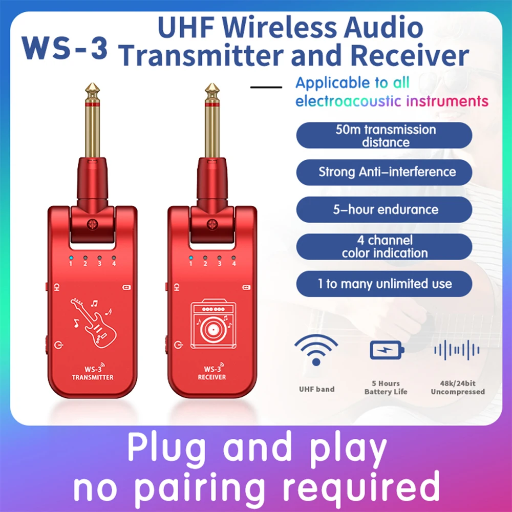UHF 4 Channels Wireless Guitar System Transmitter Receiver 800MHz-900MHz Plug Play 282-degree Rotation 6.35mm Audio Interface
UHF 4 Channels Wireless Guitar System Transmitter Receiver 800MHz-900MHz Plug Play 282-degree Rotation 6.35mm Audio Interface