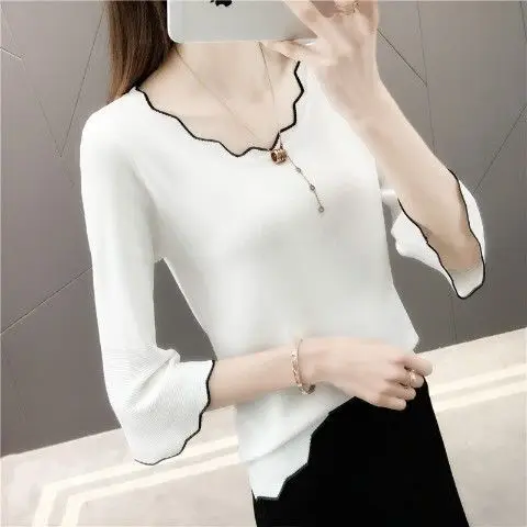 Women's knitting T-shirt short sleeved 2022 new top Black
Women's knitting T-shirt short sleeved 2022 new top Black