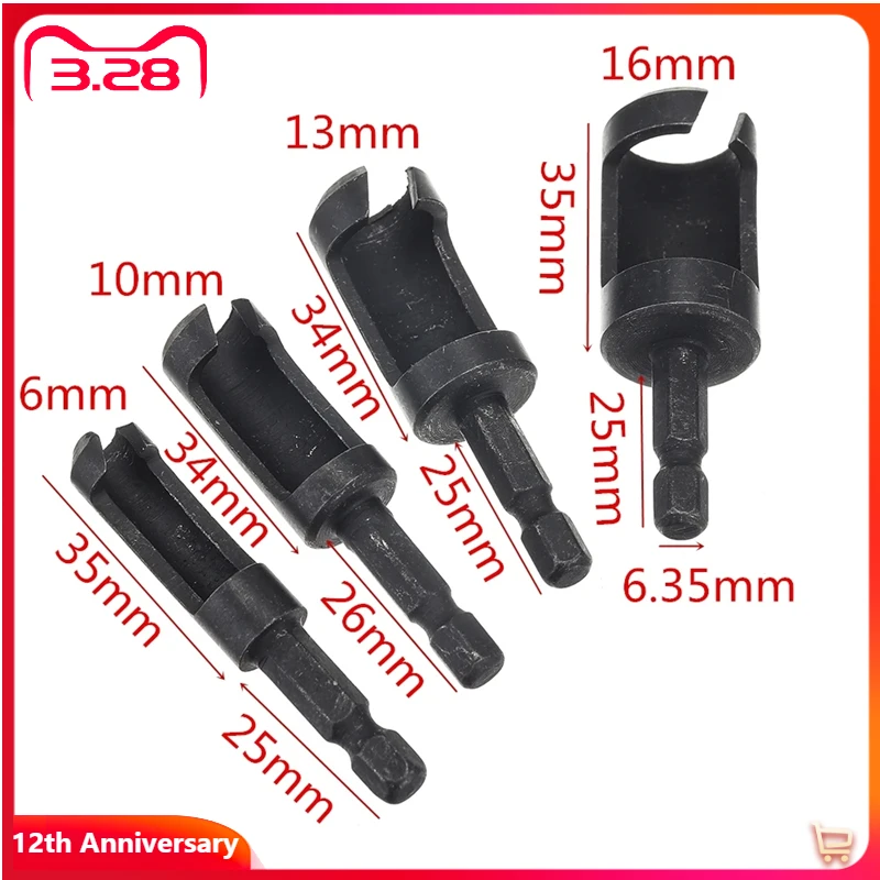 4Pcs 6/10/13/16mm 6.35mm Hex Shank Woodworking Tenon Plug Cutters / Wood Plug Hole Cutter Drill Bit Set
4Pcs 6/10/13/16mm 6.35mm Hex Shank Woodworking Tenon Plug Cutters / Wood Plug Hole Cutter Drill Bit Set