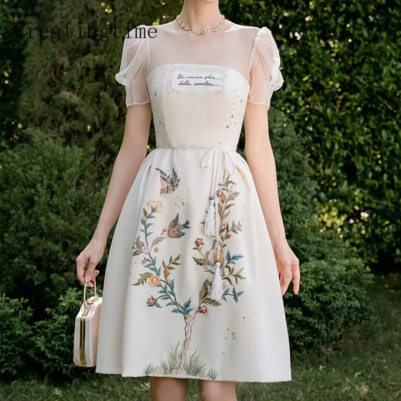 Women 2023 Summer New Floral Bird Print Beaded Thin Mesh Stitching Round Neck Short Sleeve Knee-length A-line Dress Female 1B401
Women 2023 Summer New Floral Bird Print Beaded Thin Mesh Stitching Round Neck Short Sleeve Knee-length A-line Dress Female 1B401