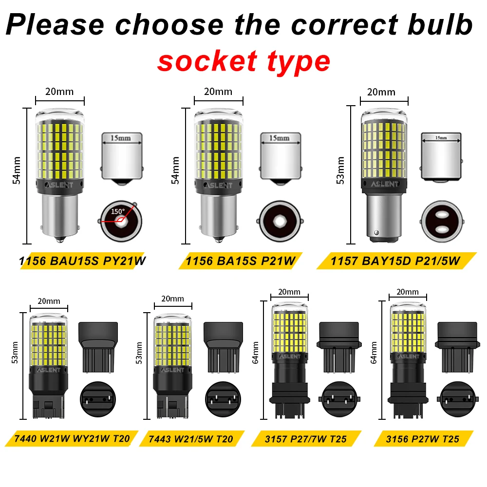 

2PCS 1156 BA15S P21W BAU15S PY21W 7440 W21W P21/5W 1157 BAY15D 7443 3157 LED Bulbs 144smd CanBus Lamp Reverse Turn Signal Light