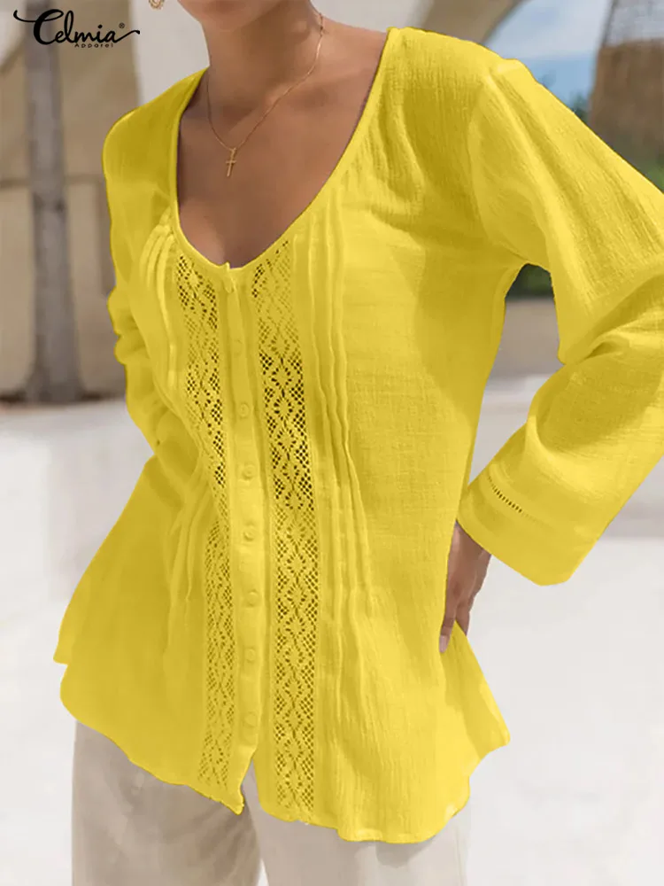 Celmia 2022 Women Tunic Buttons Pleats White Blouses Summer Casual Breathable Hollow Lace Cotton Shirts Elegant Lady O-neck Tops
Celmia 2022 Women Tunic Buttons Pleats White Blouses Summer Casual Breathable Hollow Lace Cotton Shirts Elegant Lady O-neck Tops