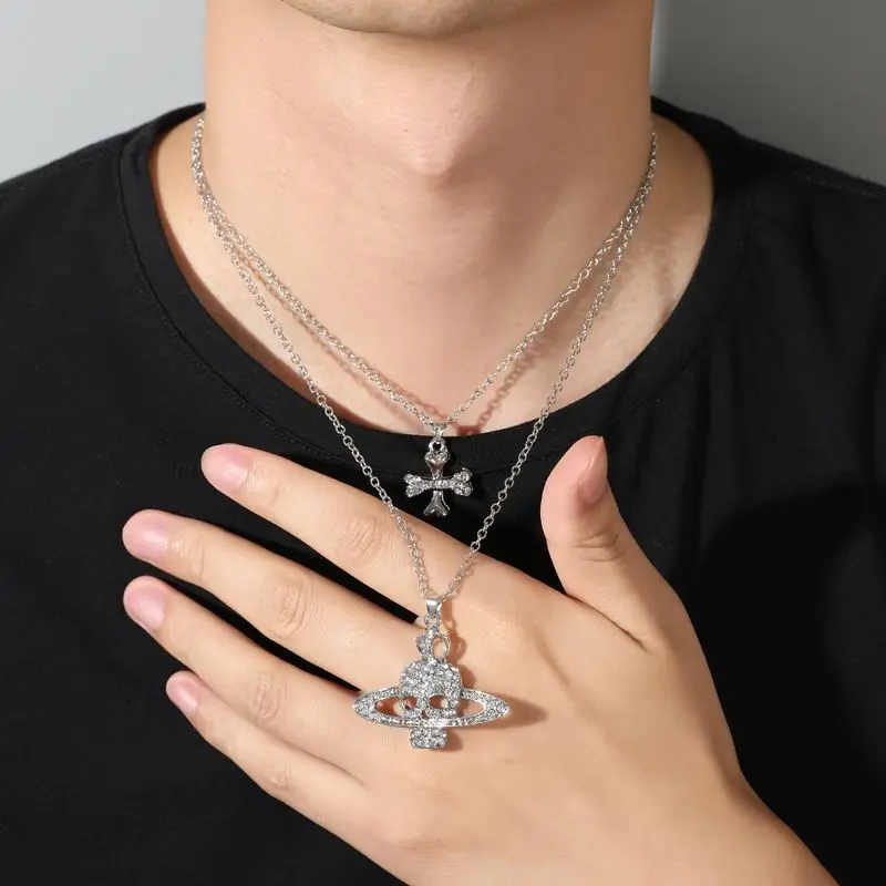 

Stainless Steel Rhinestone Skull Cross Saturn Pendant Necklace Set Vivienne NANA Jewelry Punk Gothic Women Men's Necklaces Gift